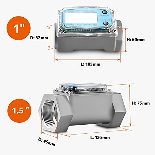 BAYM Turbine Flow Meter Electronic 1.5" 1.5 inch 40-280L/Min Oil Flowmeter Kerosene Gas Methanol Diesel Fuel Flow Digital Meter Oval Gear Gauge LCD BSPT/NPT with Battery