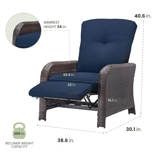 Hanover Strathmere Outdoor Recliner Chair with Thick Foam Weather-Resistant Navy Blue Cushions, Steel Frames, Brown Wicker, Luxury Outdoor Recliner for Patio, Deck, Backyard, or Porch