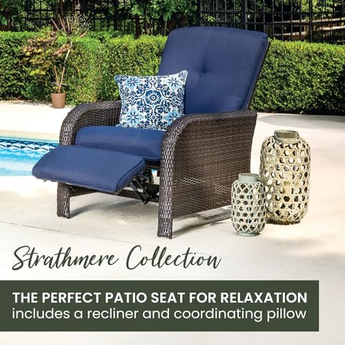 Hanover Strathmere Outdoor Recliner Chair with Thick Foam Weather-Resistant Navy Blue Cushions, Steel Frames, Brown Wicker, Luxury Outdoor Recliner for Patio, Deck, Backyard, or Porch