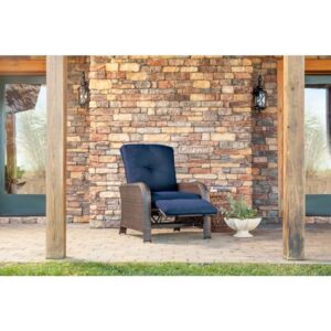 Hanover Strathmere Outdoor Recliner Chair with Thick Foam Weather-Resistant Navy Blue Cushions, Steel Frames, Brown Wicker, Luxury Outdoor Recliner for Patio, Deck, Backyard, or Porch