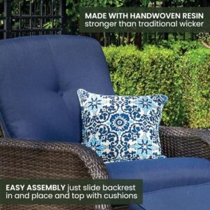 Hanover Strathmere Outdoor Recliner Chair with Thick Foam Weather-Resistant Navy Blue Cushions, Steel Frames, Brown Wicker, Luxury Outdoor Recliner for Patio, Deck, Backyard, or Porch