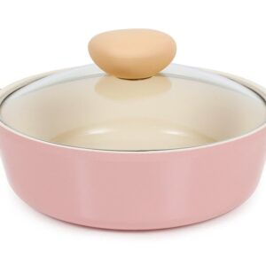 Neoflam Retro 2qt Non-Stick Ceramic Coated Stockpot with Integrated Steam Vent, Silicone Hot Handle Holder Included, Saute Pot, Casserole, Dutch Oven, 2-QT Low w/Glass Lid, Pink