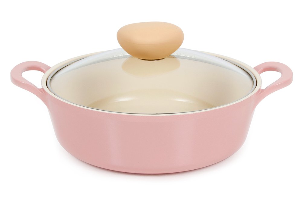 Neoflam Retro 2qt Non-Stick Ceramic Coated Stockpot with Integrated Steam Vent, Silicone Hot Handle Holder Included, Saute Pot, Casserole, Dutch Oven, 2-QT Low w/Glass Lid, Pink