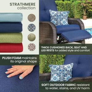 Hanover Strathmere Outdoor Recliner Chair with Thick Foam Weather-Resistant Navy Blue Cushions, Steel Frames, Brown Wicker, Luxury Outdoor Recliner for Patio, Deck, Backyard, or Porch