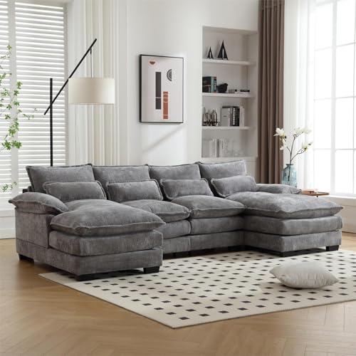 CDBBIB U-Shaped Couches for Living Room,Modern Large Sofa in Chenille Fabric,Modular Combination with Side Recliner 6 Seater Sofa,Furniture Sets in Living Room, Apartment, Bedroom. (Chenille Grey)