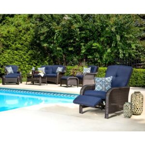 Hanover Strathmere Outdoor Recliner Chair with Thick Foam Weather-Resistant Navy Blue Cushions, Steel Frames, Brown Wicker, Luxury Outdoor Recliner for Patio, Deck, Backyard, or Porch