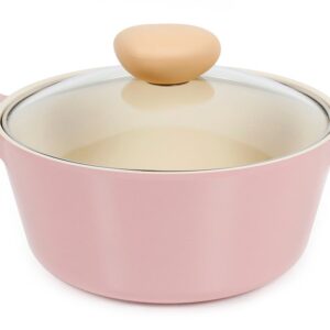 Neoflam Retro 3qt Non-Stick Ceramic Coated Stockpot with Integrated Steam Vent, Silicone Hot Handle Holder Included, Saute Pot, Casserole, Dutch Oven, 3-QT w/Glass Lid, Pink