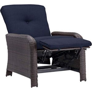 Hanover Strathmere Outdoor Recliner Chair with Thick Foam Weather-Resistant Navy Blue Cushions, Steel Frames, Brown Wicker, Luxury Outdoor Recliner for Patio, Deck, Backyard, or Porch