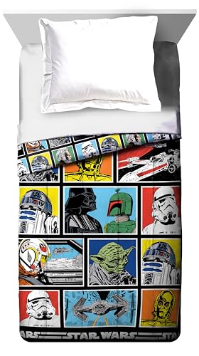 Star Wars Classic Grid Full Comforter - Super Soft Kids Reversible Bedding features Darth Vader, Stormtrooper, and Chewbacca - Fade Resistant Polyester Microfiber Fill (Official Star Wars Product)