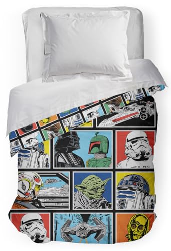 Star Wars Classic Grid Full Comforter - Super Soft Kids Reversible Bedding features Darth Vader, Stormtrooper, and Chewbacca - Fade Resistant Polyester Microfiber Fill (Official Star Wars Product)