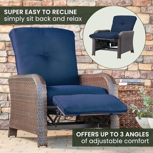 Hanover Strathmere Outdoor Recliner Chair with Thick Foam Weather-Resistant Navy Blue Cushions, Steel Frames, Brown Wicker, Luxury Outdoor Recliner for Patio, Deck, Backyard, or Porch