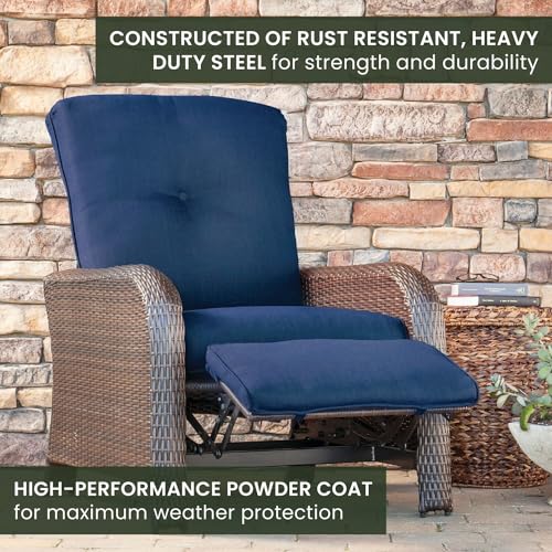 Hanover Strathmere Outdoor Recliner Chair with Thick Foam Weather-Resistant Navy Blue Cushions, Steel Frames, Brown Wicker, Luxury Outdoor Recliner for Patio, Deck, Backyard, or Porch