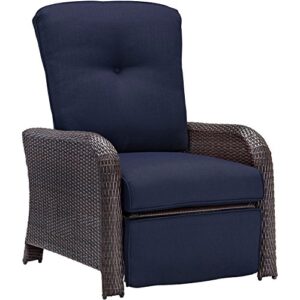 hanover strathmere outdoor recliner chair with thick foam weather-resistant navy blue cushions, steel frames, brown wicker, luxury outdoor recliner for patio, deck, backyard, or porch