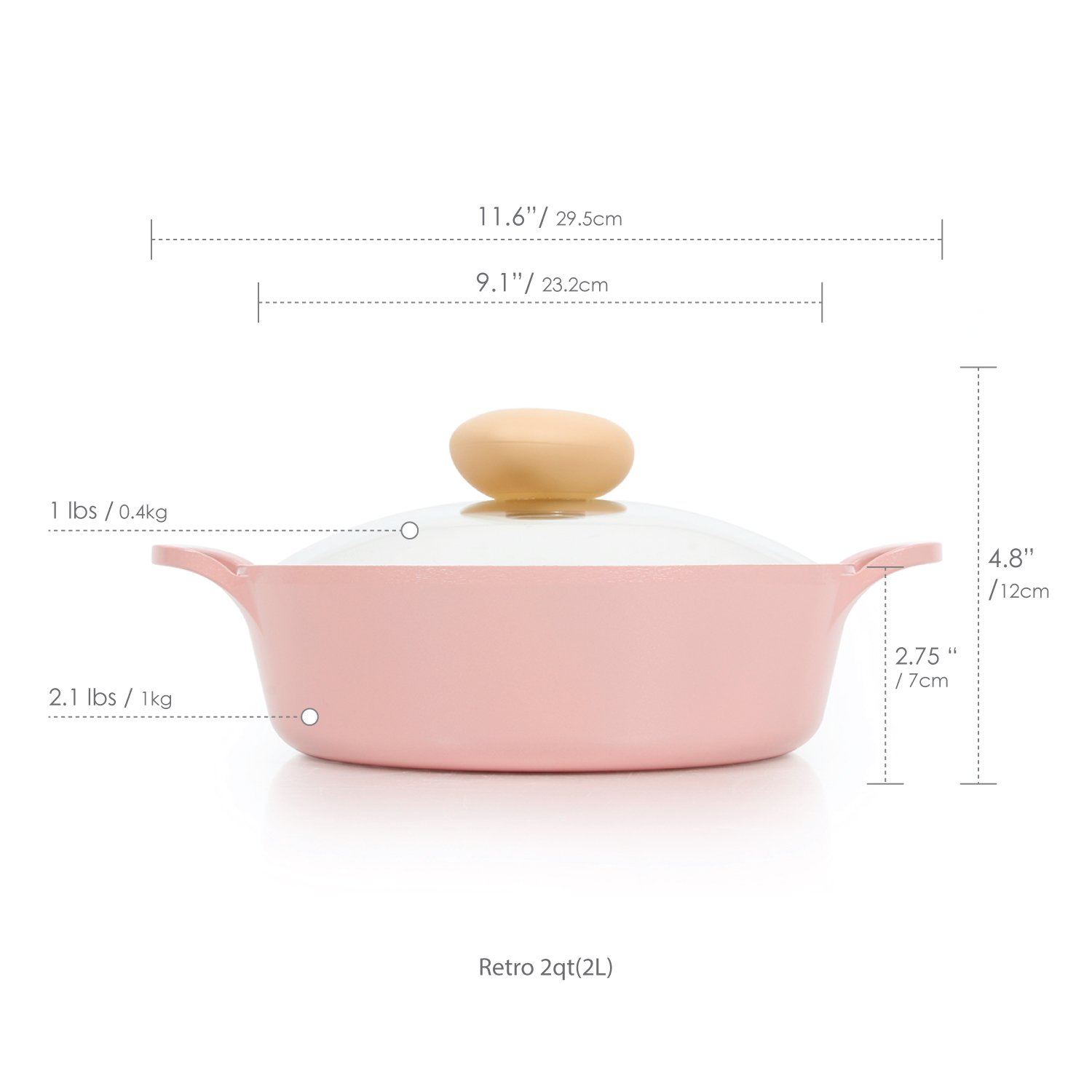 Neoflam Retro 2qt Non-Stick Ceramic Coated Stockpot with Integrated Steam Vent, Silicone Hot Handle Holder Included, Saute Pot, Casserole, Dutch Oven, 2-QT Low w/Glass Lid, Pink