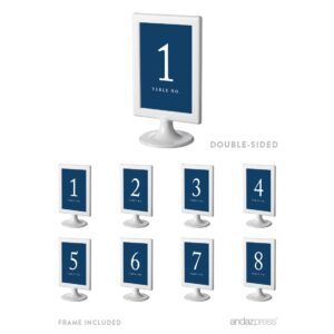 Andaz Press Framed Double-Sided Table Numbers 1-8, Navy Blue, 1-Set, 4x6-inch, Includes Frames