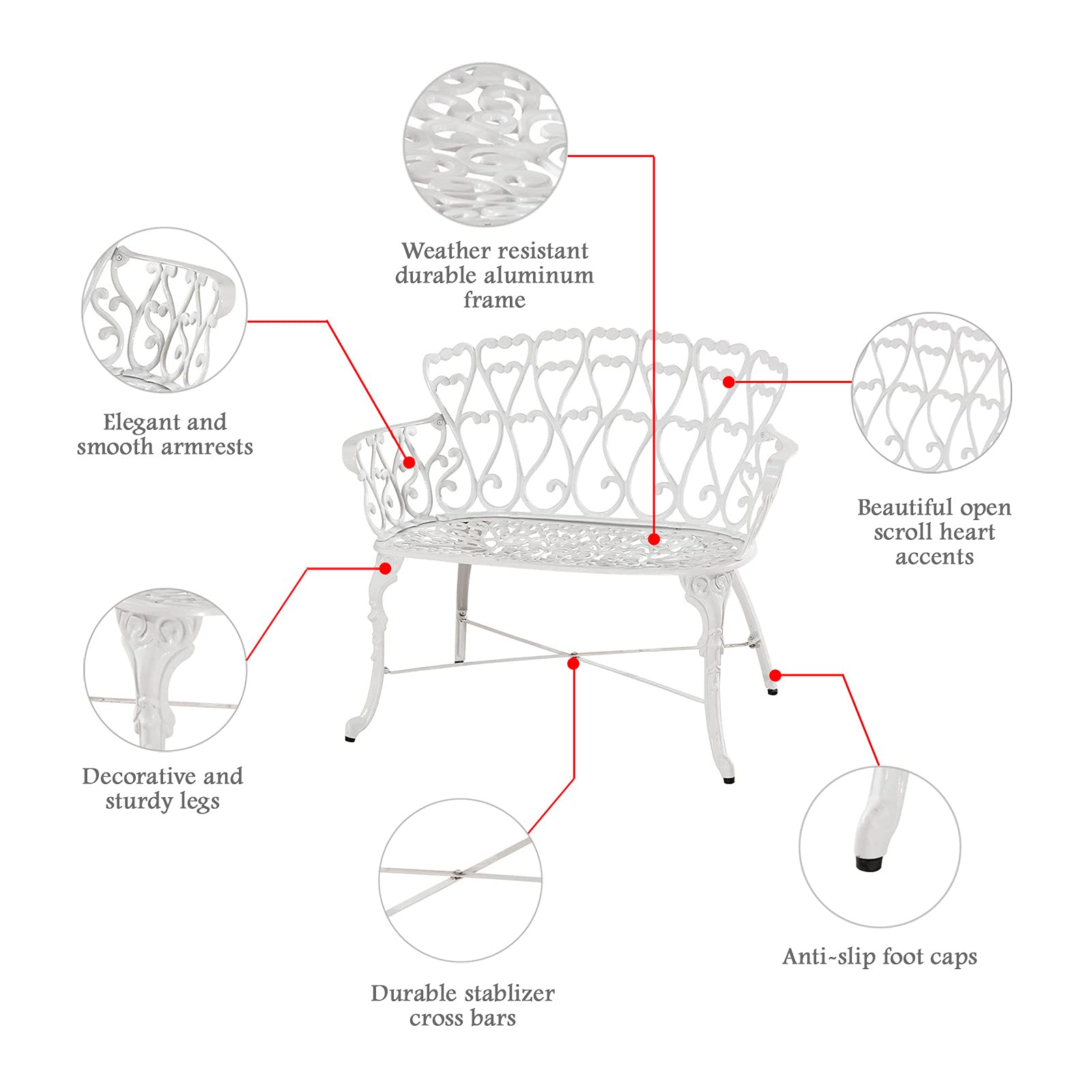 Westcharm White Cast Aluminum 2-Person Bench for Outdoor Garden Patio Yard Park Lawn with White Heart | Antique Victorian Dining Loveseat