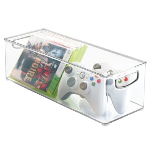 mdesign plastic video game organizer - game storage holder bin with handles for media console stand, closet shelf, cabinets, bookshelves - holds disc, video games - ligne collection - clear