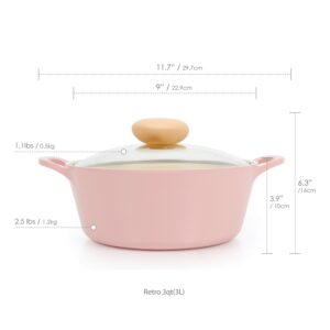 Neoflam Retro 3qt Non-Stick Ceramic Coated Stockpot with Integrated Steam Vent, Silicone Hot Handle Holder Included, Saute Pot, Casserole, Dutch Oven, 3-QT w/Glass Lid, Pink