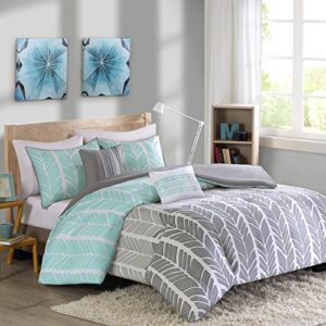 intelligent design adel cozy comforter geometric design modern all season vibrant color bedding set with matching sham, decorative pillow, full/queen, aqua, 5 piece