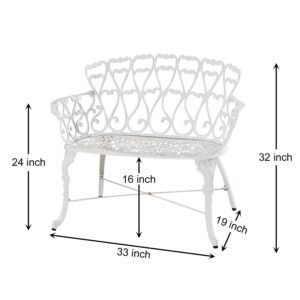 Westcharm White Cast Aluminum 2-Person Bench for Outdoor Garden Patio Yard Park Lawn with White Heart | Antique Victorian Dining Loveseat