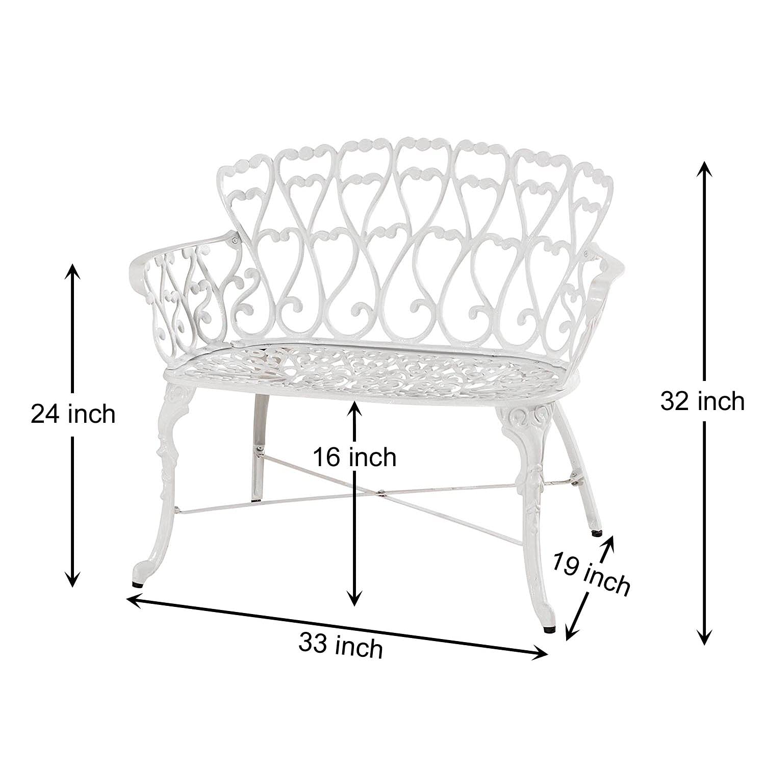 Westcharm White Cast Aluminum 2-Person Bench for Outdoor Garden Patio Yard Park Lawn with White Heart | Antique Victorian Dining Loveseat