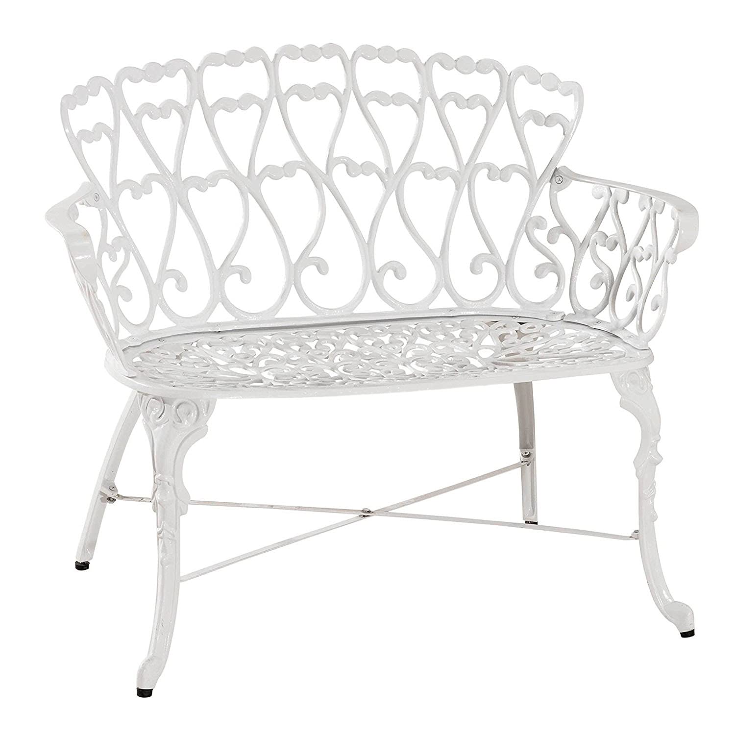 Westcharm White Cast Aluminum 2-Person Bench for Outdoor Garden Patio Yard Park Lawn with White Heart | Antique Victorian Dining Loveseat