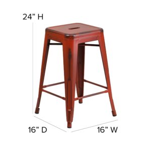 Flash Furniture Commercial Grade 24" High Backless Distressed Kelly Red Metal Indoor-Outdoor Counter Height Stool