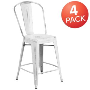 Flash Furniture Blake Commercial Grade 4 Pack 24" High Distressed White Metal Indoor-Outdoor Counter Height Stool with Back