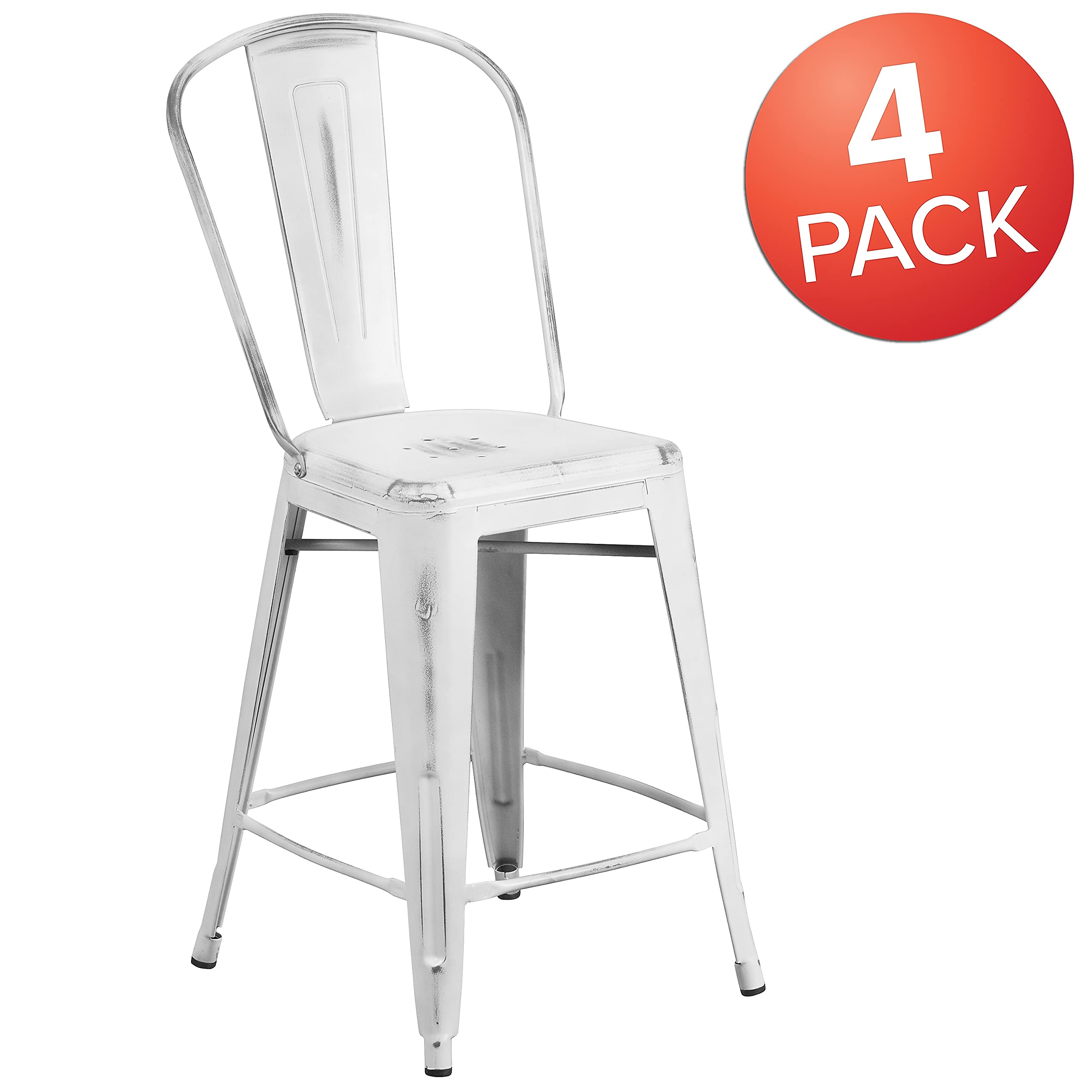 Flash Furniture Blake Commercial Grade 4 Pack 24" High Distressed White Metal Indoor-Outdoor Counter Height Stool with Back