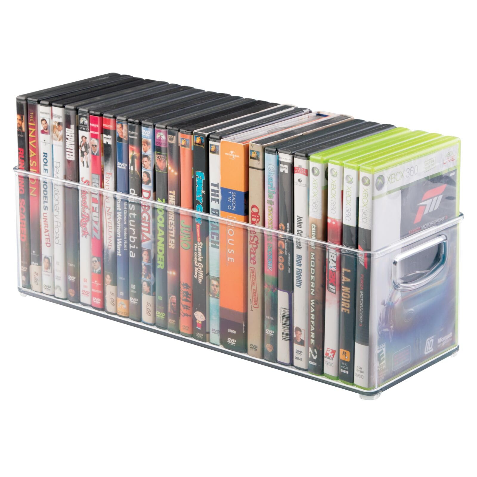 mDesign Plastic Video Game Organizer - Game Storage Holder Bin with Handles for Media Console Stand, Closet Shelf, Cabinets, Bookshelves - Holds Disc, Video Games - Ligne Collection - Clear