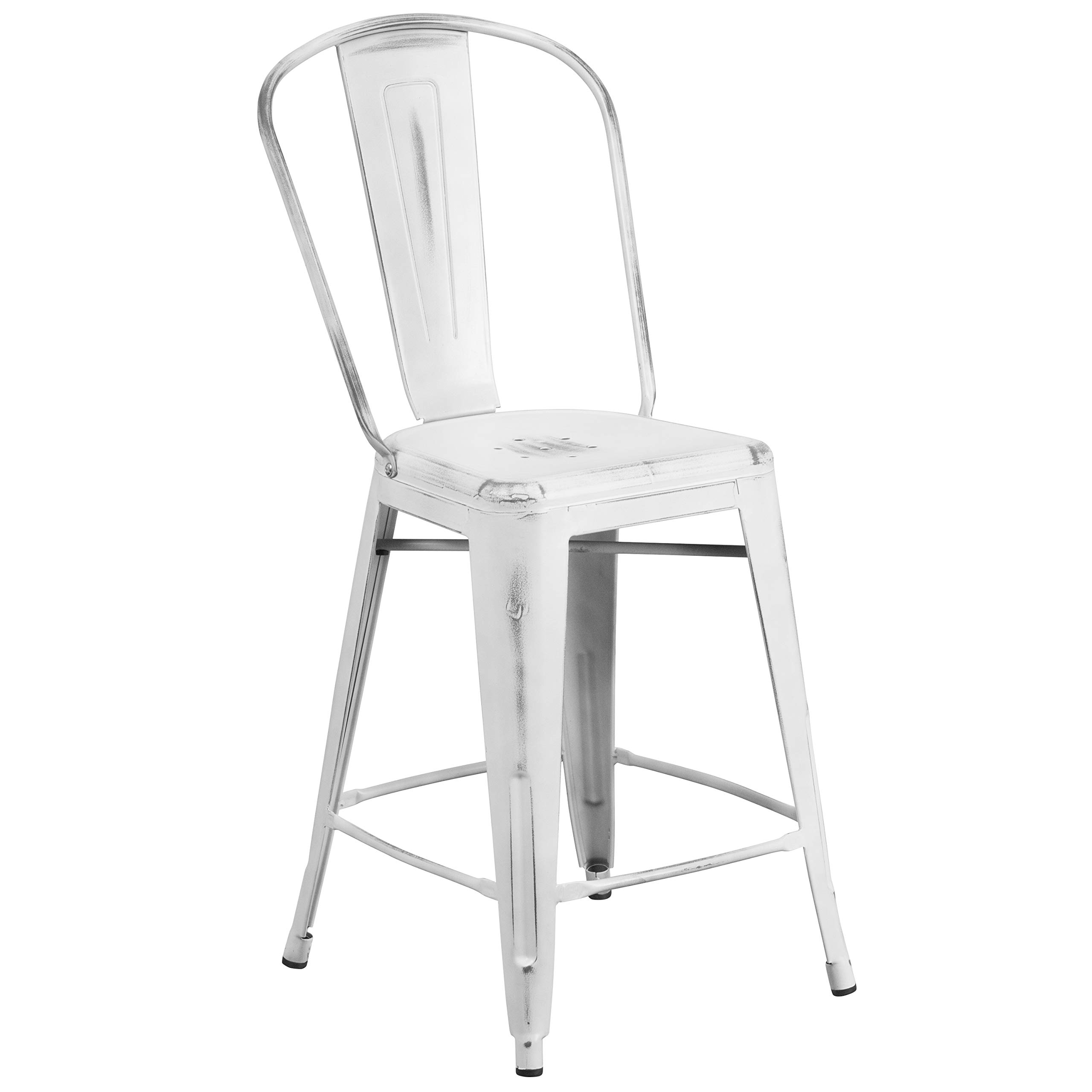 Flash Furniture Blake Commercial Grade 4 Pack 24" High Distressed White Metal Indoor-Outdoor Counter Height Stool with Back