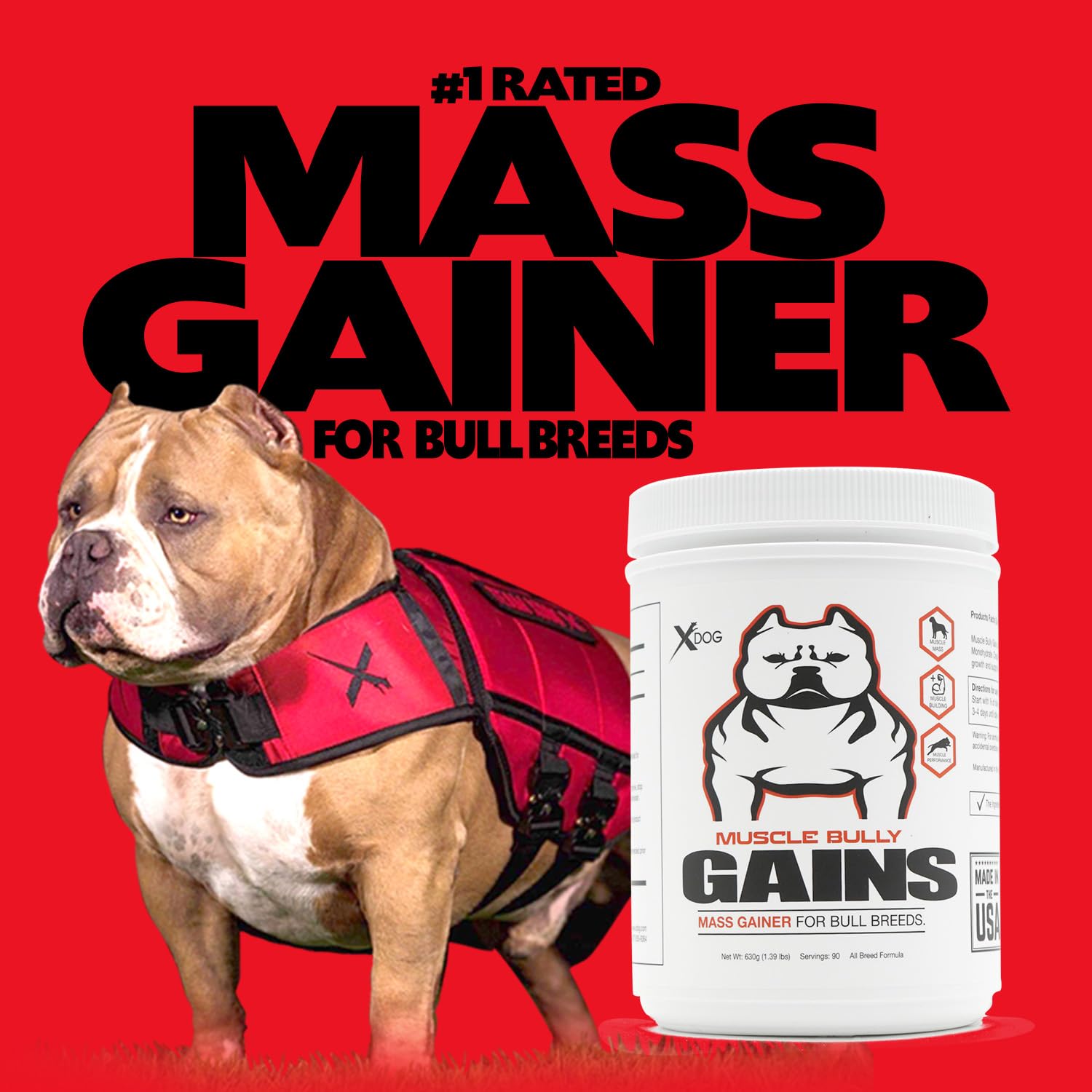 Muscle Bully Gains - Mass Weight Gainer for Dogs, Whey Protein, Flax Seed (for Bull Breeds, Pit Bulls, Bullies) Increase Healthy Natural Weight, Made in The USA (90 Servings)