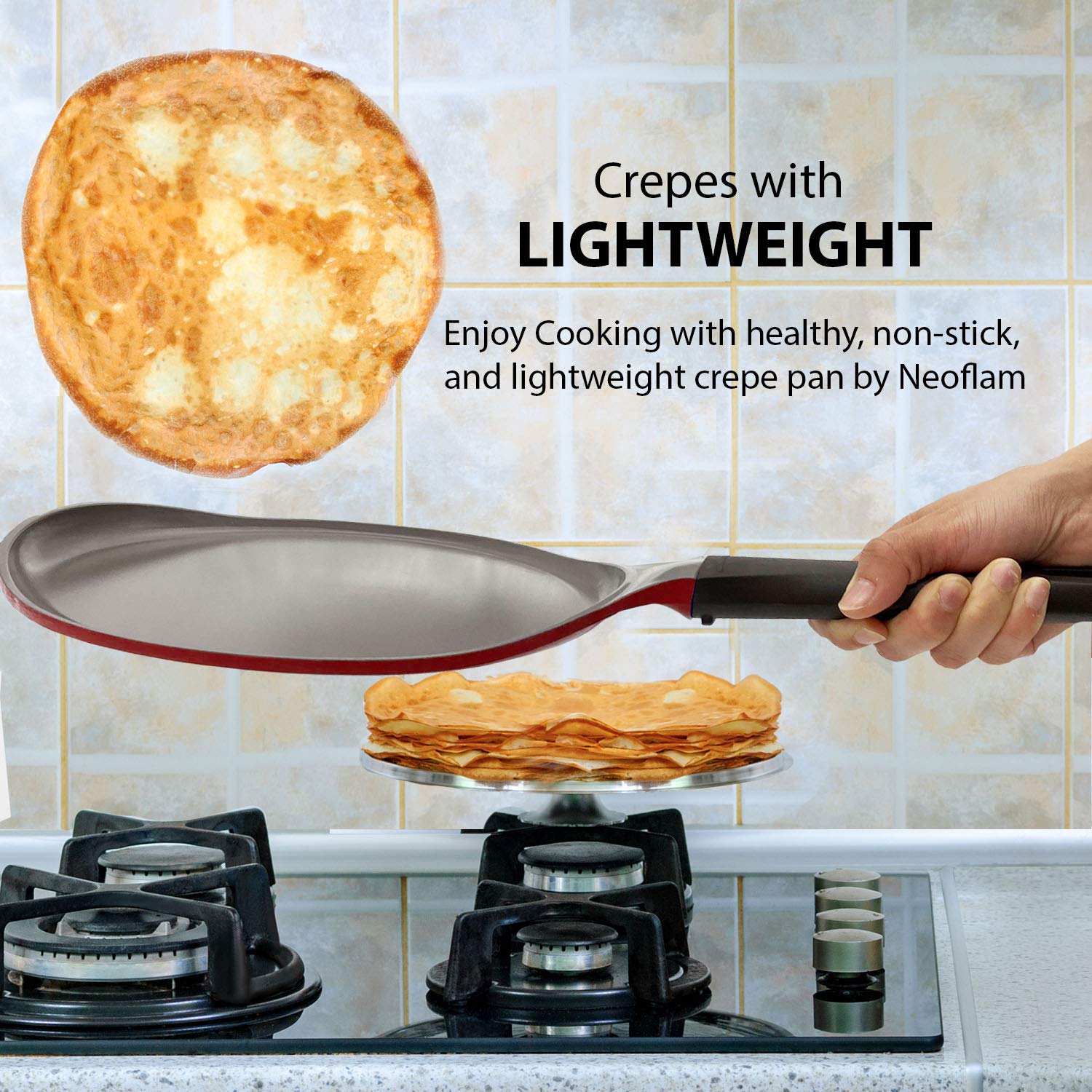 Crepe pan, Neoflam, Ceramic, Nonstick pan, 10 inch, Bakelite Handle, Tawa pan, Griddle, Pancake Maker, Skillet, Omelette, Tortilla, Roti, Naan, Dosa, Lightweight, PFOA free, Red