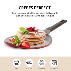 Crepe pan, Neoflam, Ceramic, Nonstick pan, 10 inch, Bakelite Handle, Tawa pan, Griddle, Pancake Maker, Skillet, Omelette, Tortilla, Roti, Naan, Dosa, Lightweight, PFOA free, Red