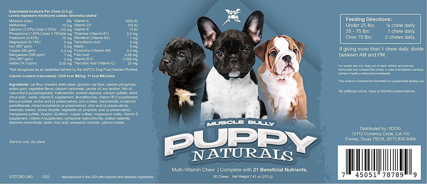 Muscle Bully Puppy Naturals | Muscle Building Immunity Milk Replacer + 10 in 1 Puppy MultiVitamin Nutrient Chew | Veterinarian Formulated. Nutritional Support for Growing Puppies (60 Servings).