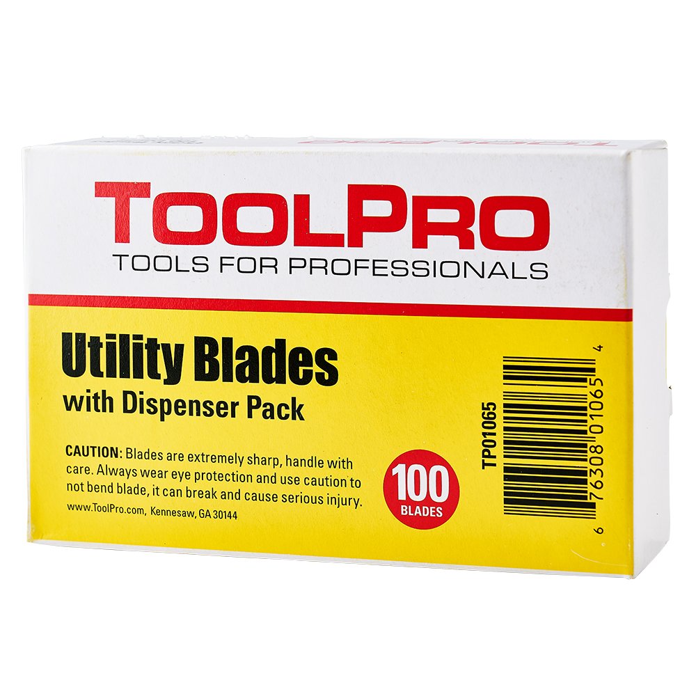 ToolPro Utility Blades - 100 Piece Dispenser Pack, Precision-Cut Blades for Heavy-Duty and General Use, Easy-Access Design for Safe, Quick Blade Dispensing