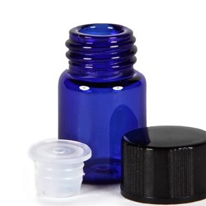 24, Cobalt Blue, 2 ml (5/8 Dram) Glass Bottles, with Orifice Reducers and Black Caps