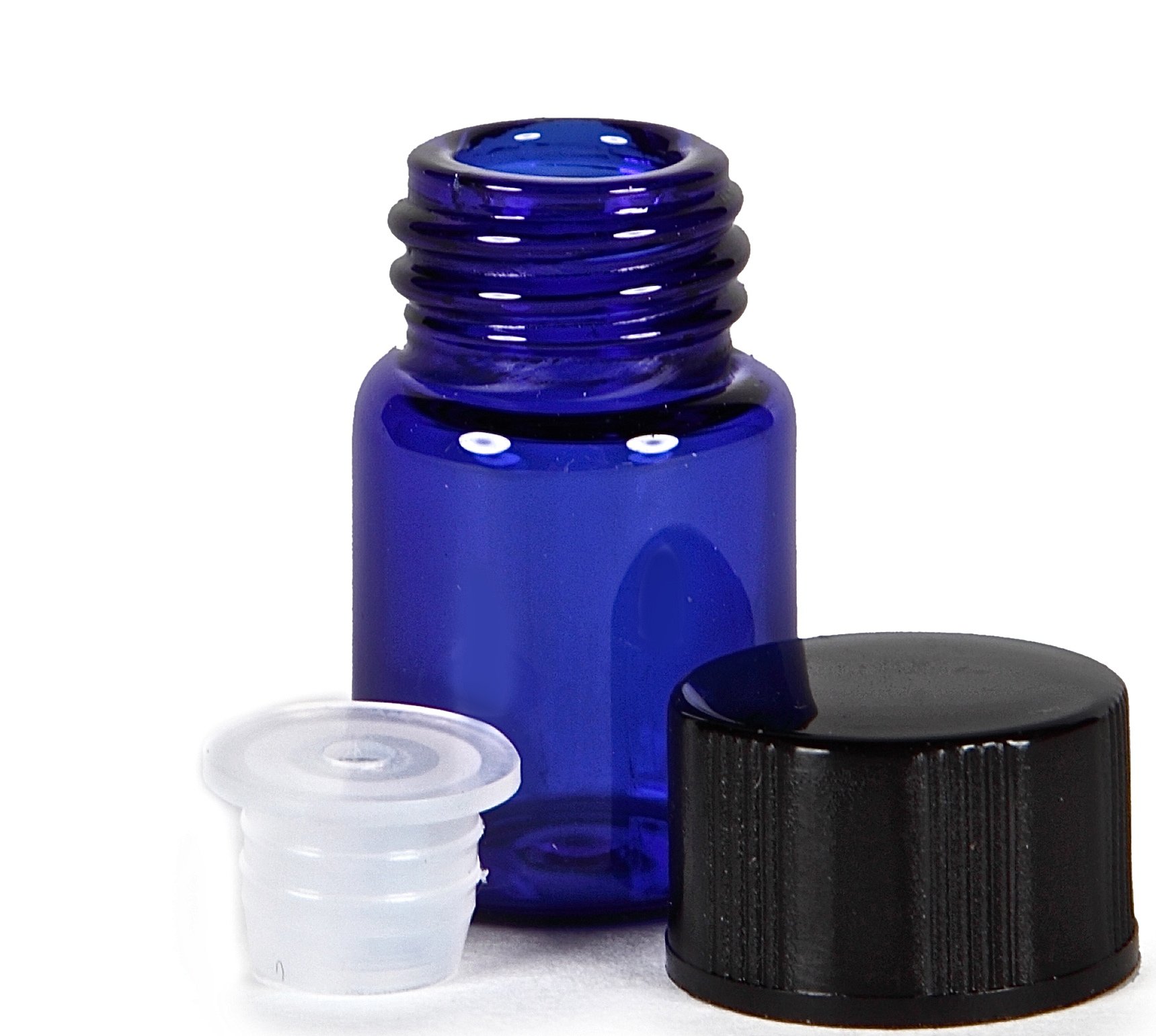 24, Cobalt Blue, 2 ml (5/8 Dram) Glass Bottles, with Orifice Reducers and Black Caps