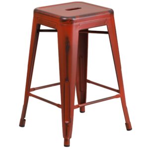 flash furniture commercial grade 24" high backless distressed kelly red metal indoor-outdoor counter height stool