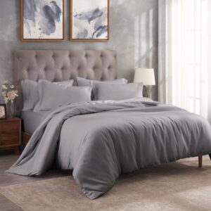 Superior 300 Thread Count Duvet Cover Set, 100% Modal from Beech, Solid, Full/Queen, Grey