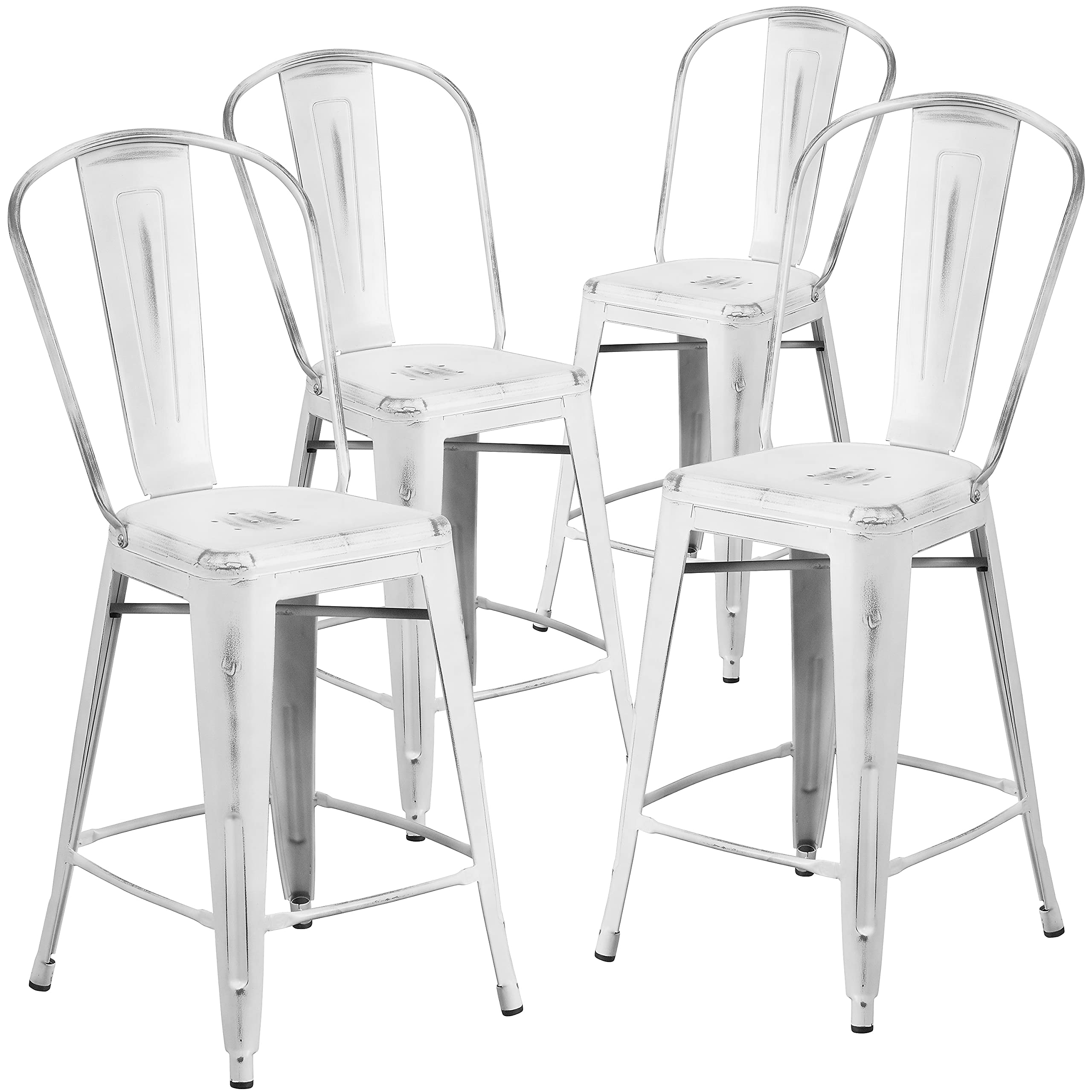 Flash Furniture Blake Commercial Grade 4 Pack 24" High Distressed White Metal Indoor-Outdoor Counter Height Stool with Back