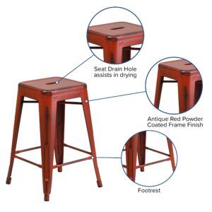 Flash Furniture Commercial Grade 24" High Backless Distressed Kelly Red Metal Indoor-Outdoor Counter Height Stool