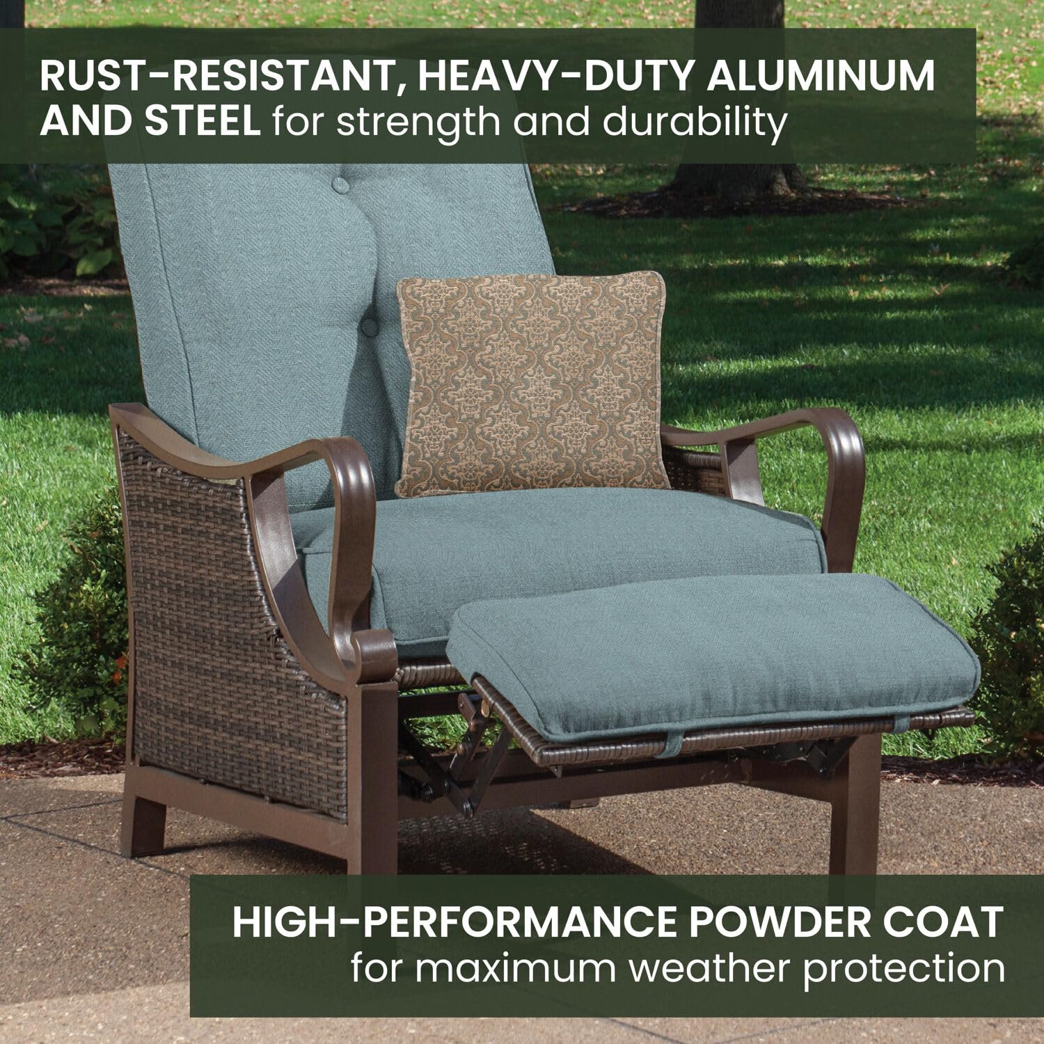 Hanover Ventura Brown Wicker Outdoor Recliner Chair with Cushions and Accent Pillow, Luxury All-Weather Outdoor Patio Recliner Chair with Rust Resistant Steel Frames for Deck, Backyard, Pool Side