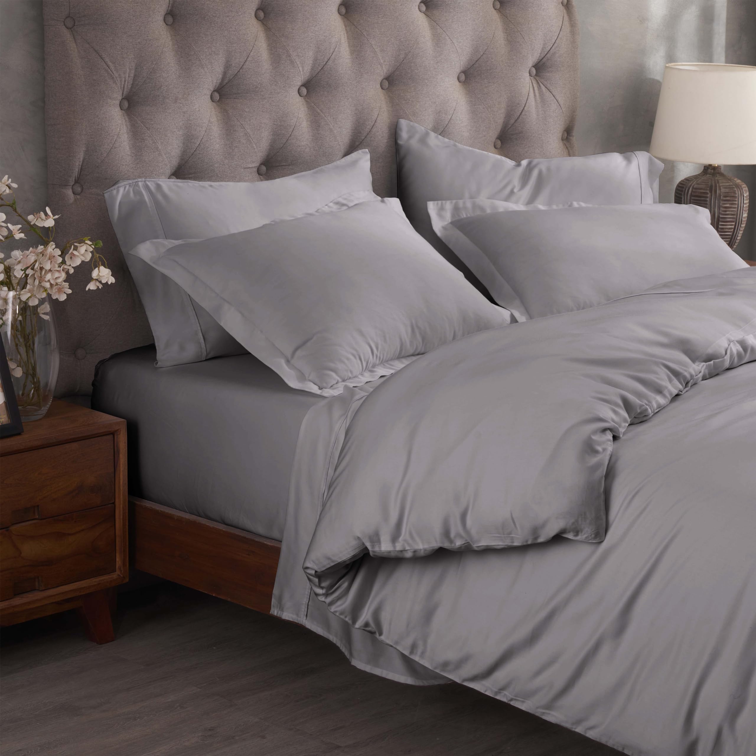 Superior 300 Thread Count Duvet Cover Set, 100% Modal from Beech, Solid, Full/Queen, Grey