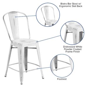 Flash Furniture Blake Commercial Grade 4 Pack 24" High Distressed White Metal Indoor-Outdoor Counter Height Stool with Back