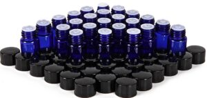 24, cobalt blue, 2 ml (5/8 dram) glass bottles, with orifice reducers and black caps