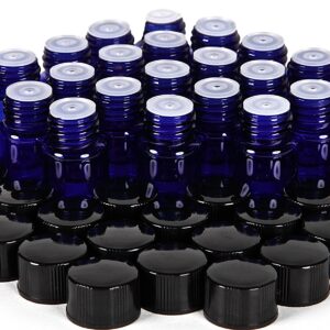 24, Cobalt Blue, 2 ml (5/8 Dram) Glass Bottles, with Orifice Reducers and Black Caps