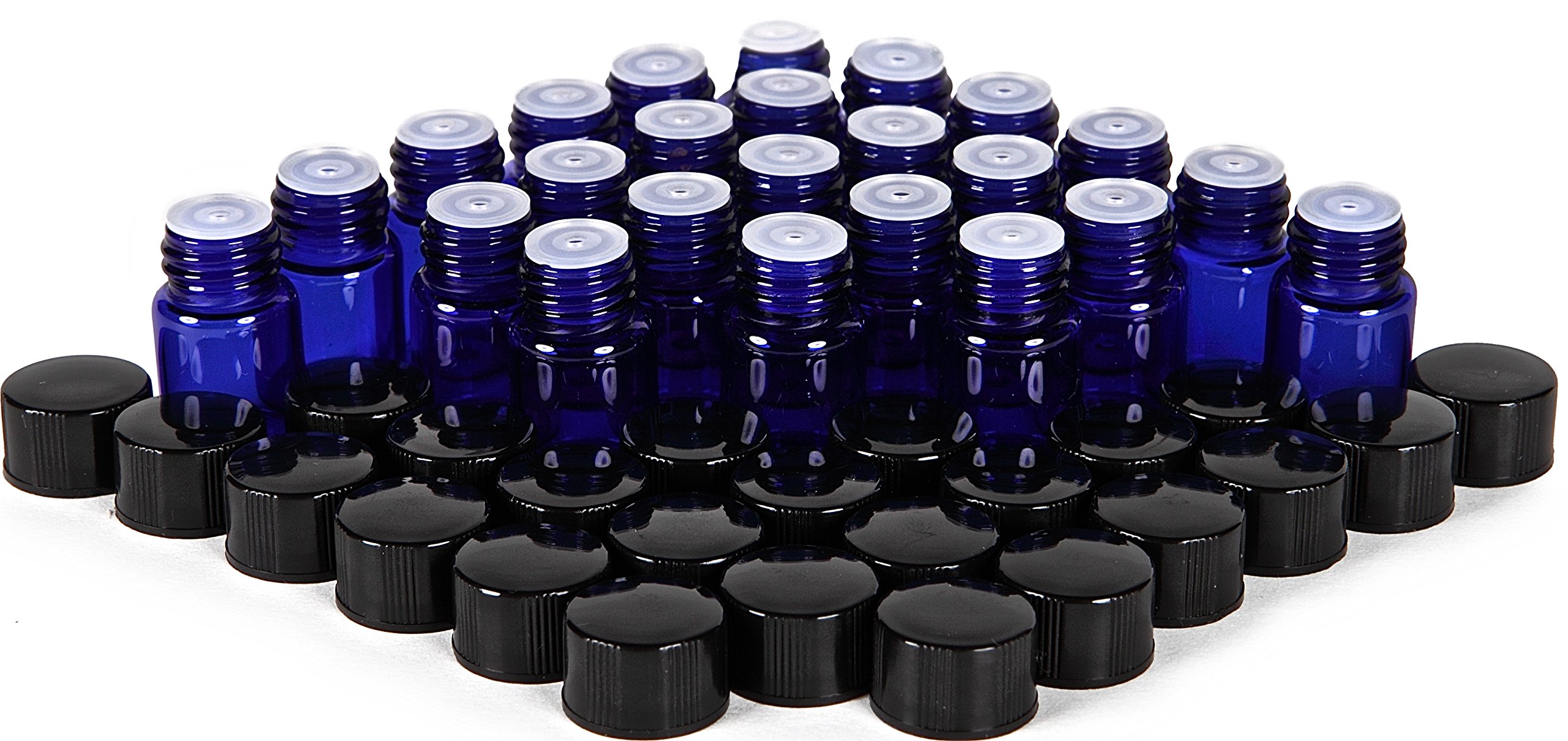 24, Cobalt Blue, 2 ml (5/8 Dram) Glass Bottles, with Orifice Reducers and Black Caps