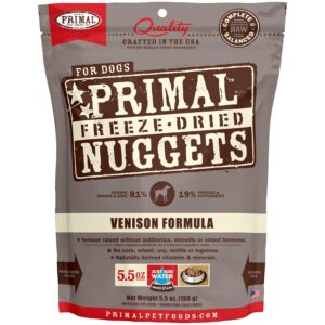 primal freeze dried raw dog food nuggets, venison, complete & balanced meal, also use as topper or treat, premium, healthy, grain free, high protein raw dog food, 5.5 oz