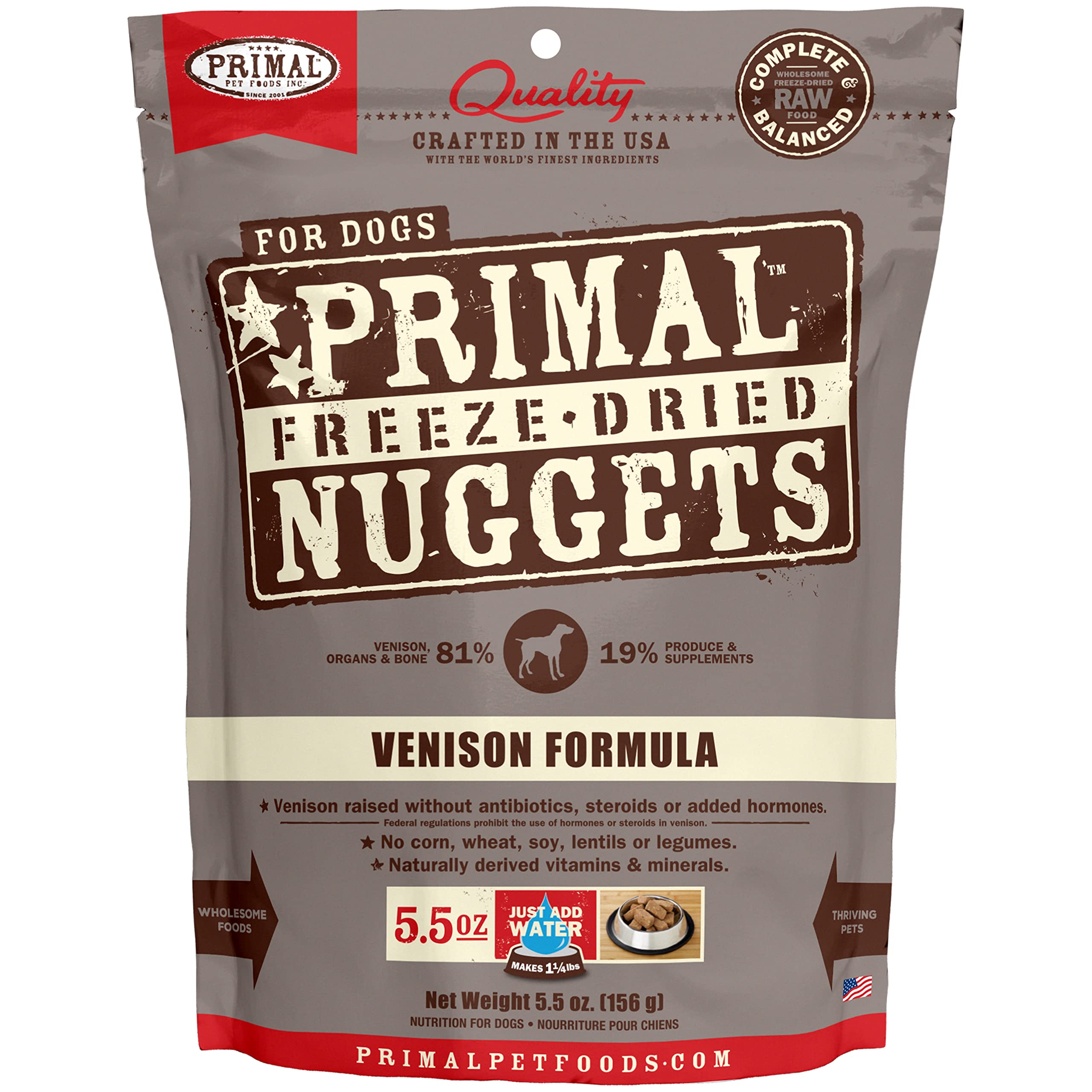 Primal Freeze Dried Raw Dog Food Nuggets, Venison, Complete & Balanced Meal, Also Use as Topper or Treat, Premium, Healthy, Grain Free, High Protein Raw Dog Food, 5.5 oz